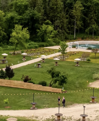 Aerial view of the venue grounds, terraces and pond