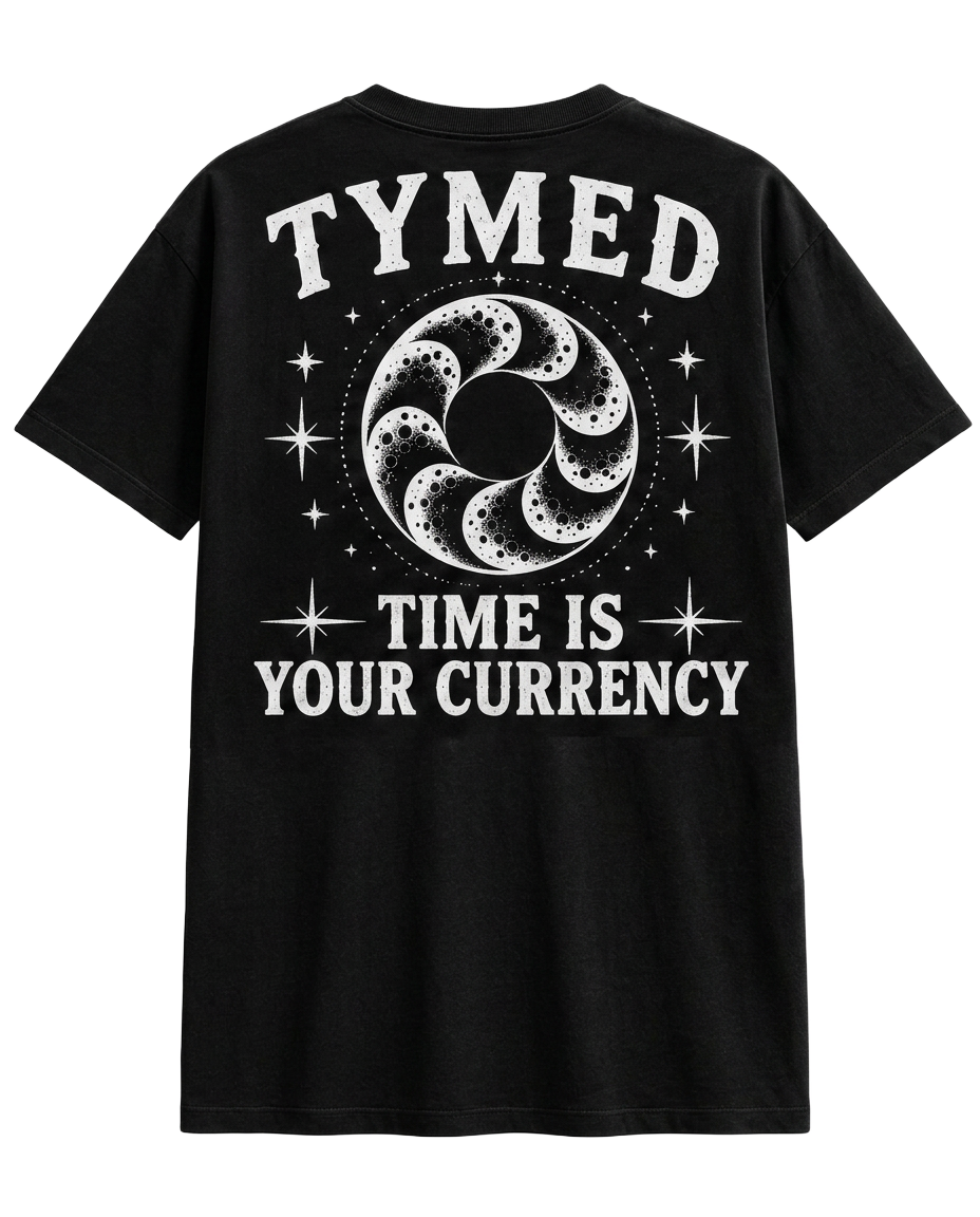 TYMED black boxy tee with the moon phase seal and Time Is Your Currency back print