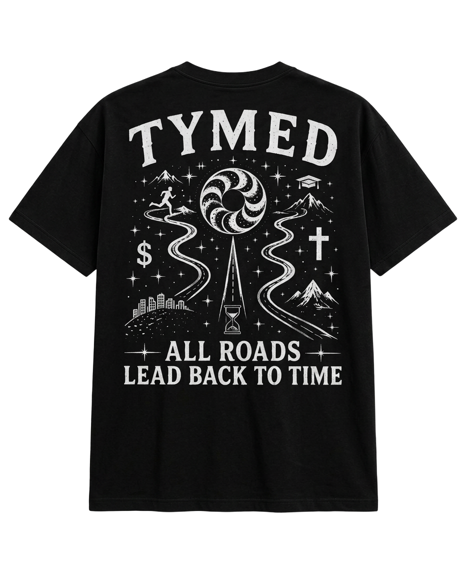 TYMED black boxy tee with All Roads Lead Back To Time back print