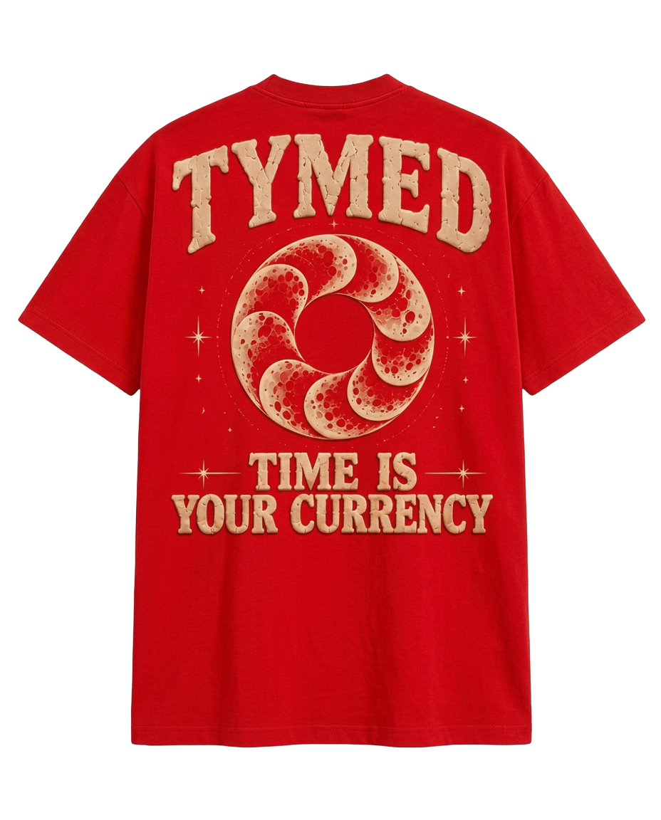 TYMED crimson boxy tee with puff print Time Is Your Currency back graphic