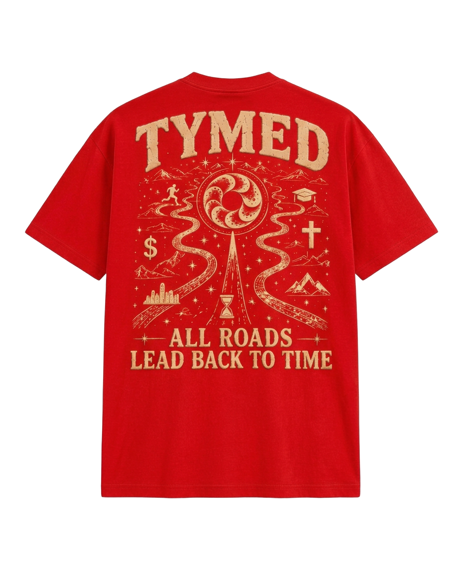 TYMED crimson boxy tee with All Roads Lead Back To Time puff print
