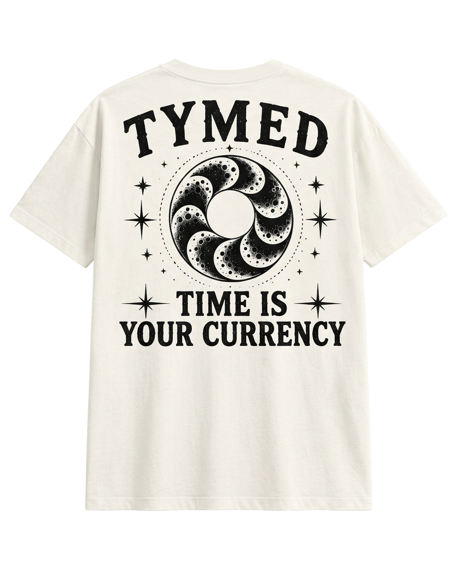 TYMED bone white boxy tee with Time Is Your Currency back print