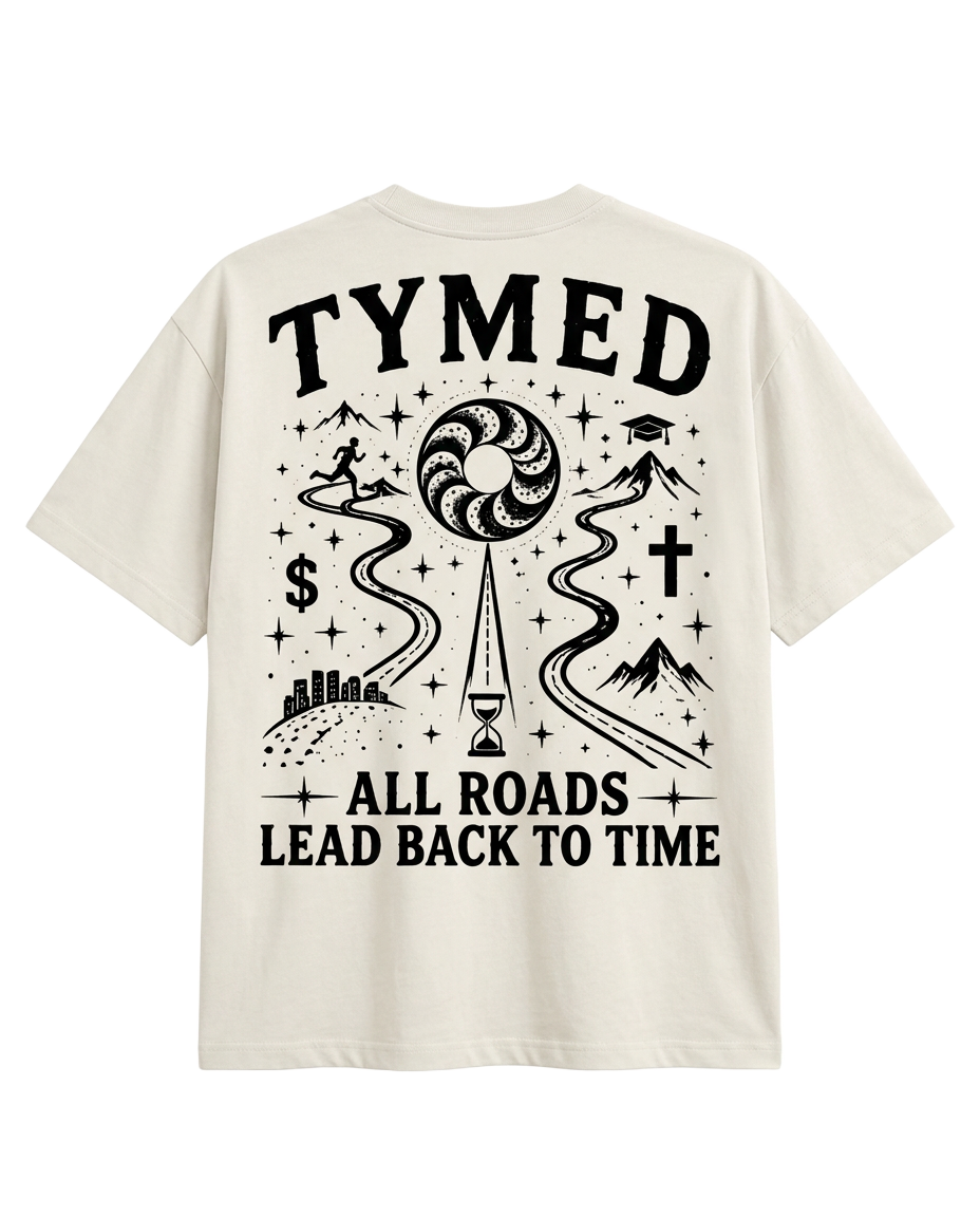 TYMED bone white boxy tee with All Roads Lead Back To Time back print